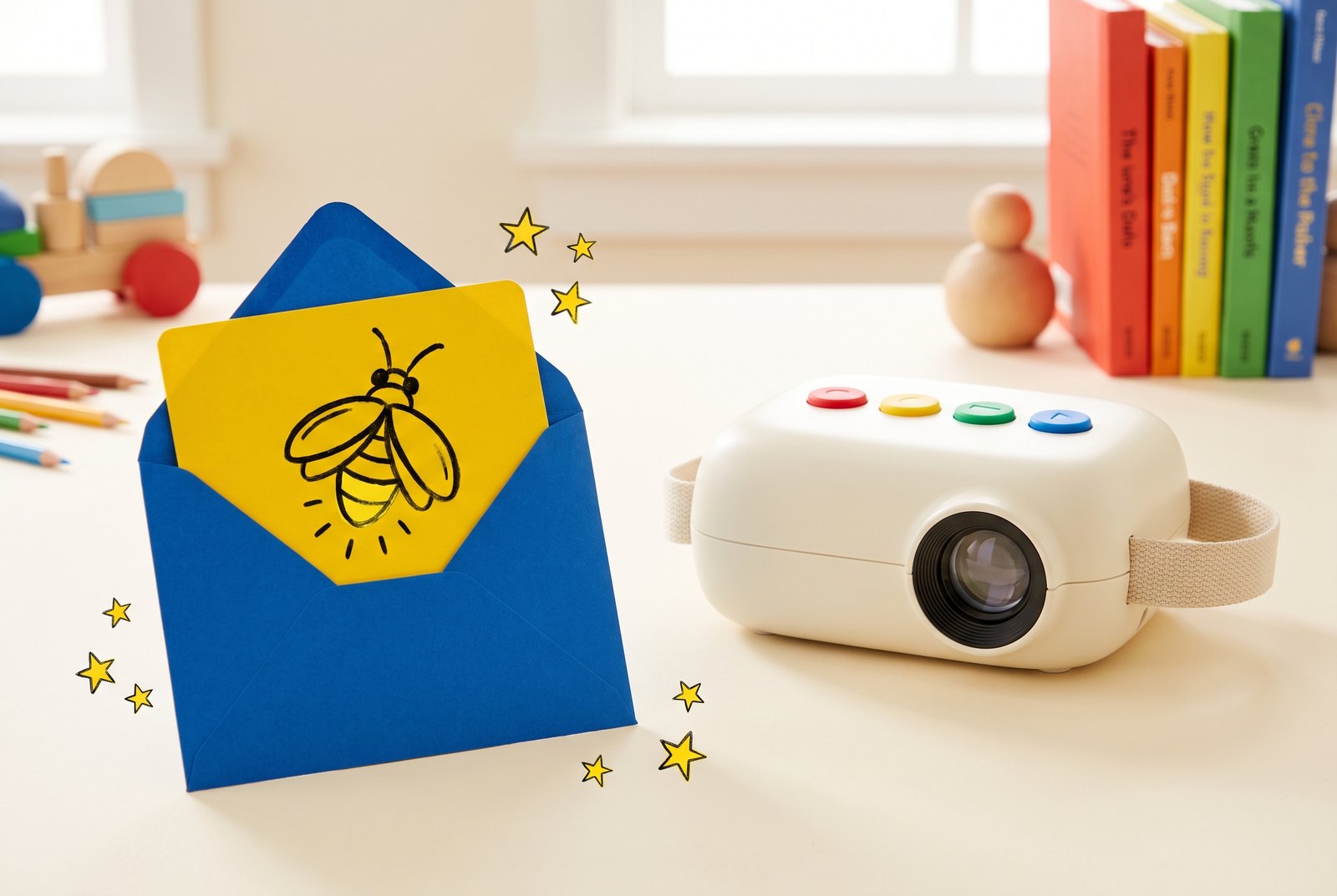 La carte cadeau Luciokids, jaune, dans une enveloppe bleue